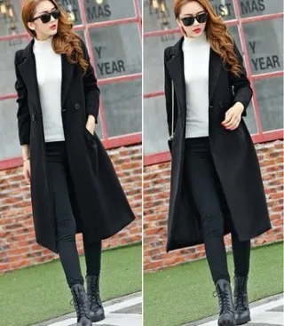Thickened Plus Size Woolen Coat Temperament Thin Woolen Coat - Black