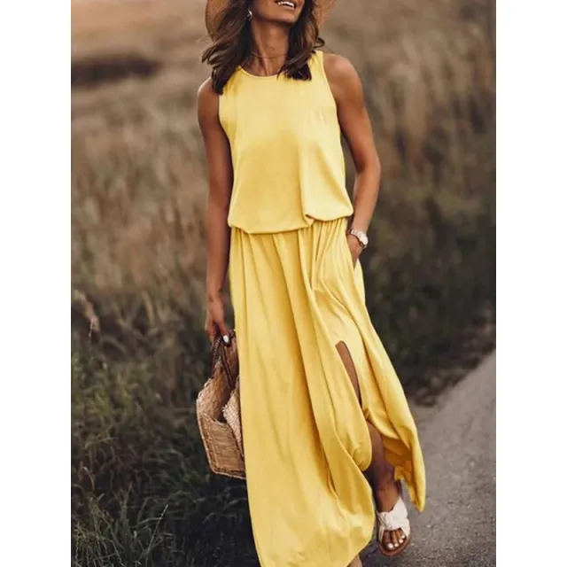 Women's Maxi Dress Summer Sleeveless Crewneck Sundress Casual Loose Long Dresses With Pockets Yellow - Shop at LoveMi