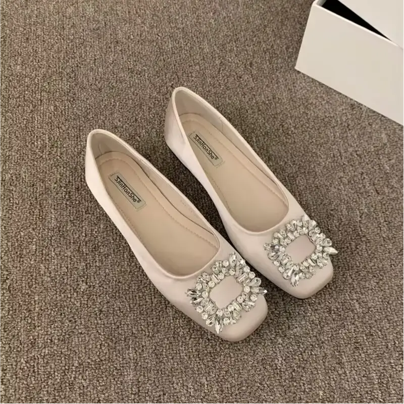 Women Sparkling Square Rhinestone Buckle Square Toe Flat Loafers, Slip On Soft Sole Elegant Daily Wear Party Commuter Dress Flats
