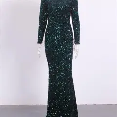 Women Modest Stretch Sequin Royal Blue Evening Prom Gown Party - Dark Green - View 1