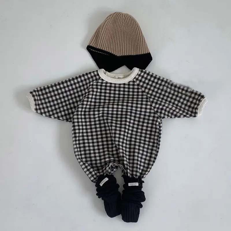 Autumn Newborn Baby Black And White Grid Loose Casual One-piece