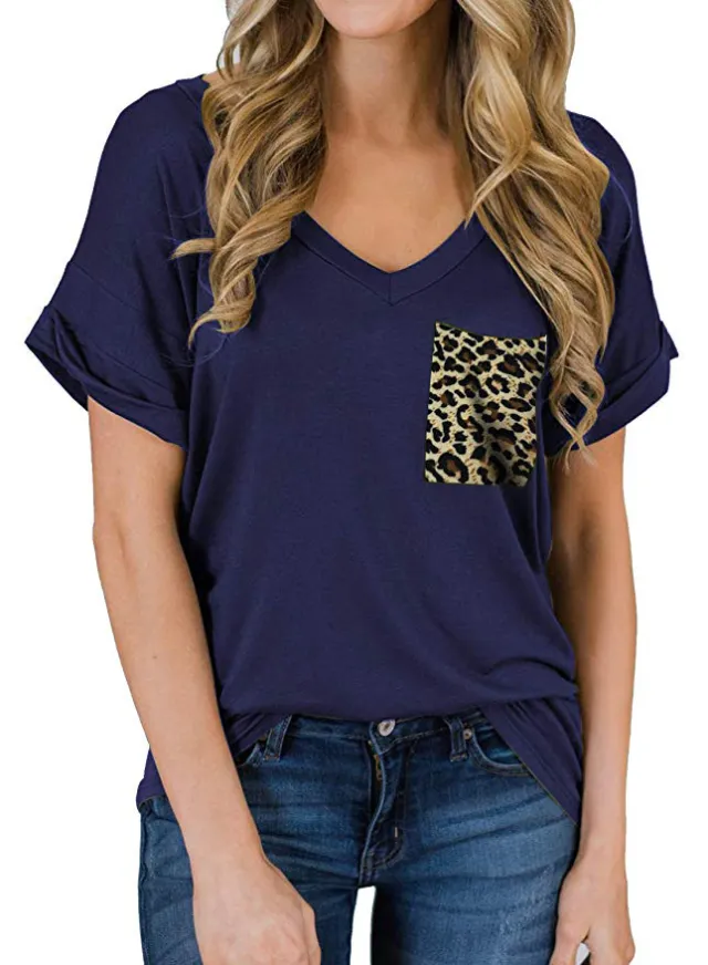 Women's V Neck Pocket Tee Roll Leopard Pocket Navy Blue - Shop at LoveMi