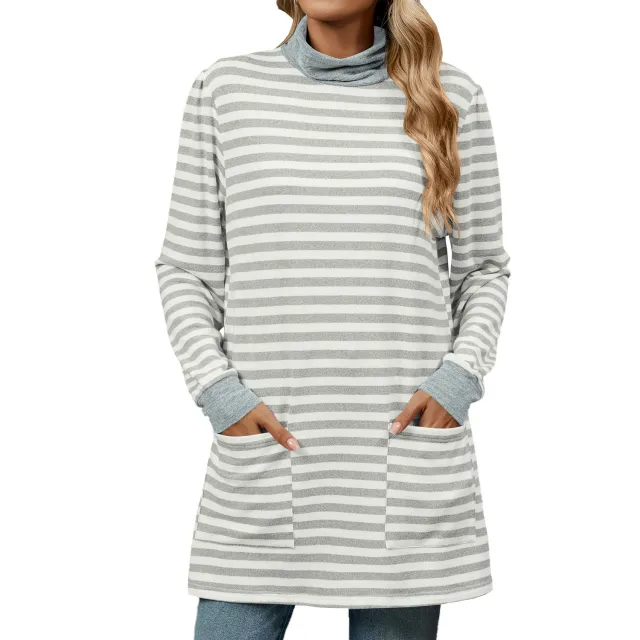 Fashion Striped Print Long Sweatshirt With Pocket Loose Long Sleeve Pullover T shirt Top For Womens Clothing Light Grey White - Shop at LoveMi