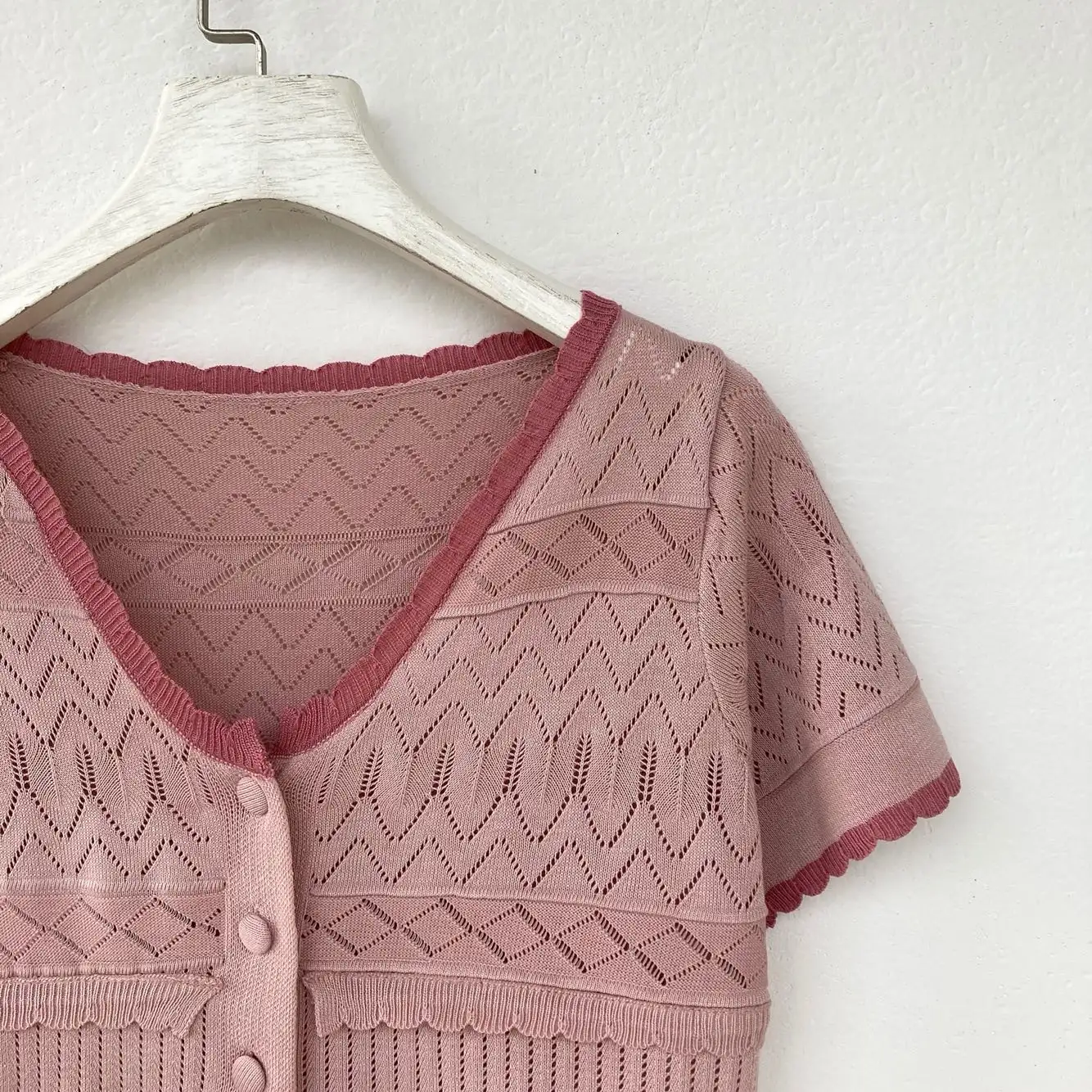 Knitted Short-sleeved T-shirt Cut Out Jacquard Short Top