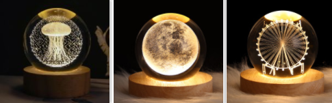 Kleine nachtlamp met kristallen bol, sterrenhemel en planeten – massiefhouten lampvoet, zonnestelsel 6 cm, 2 stuks