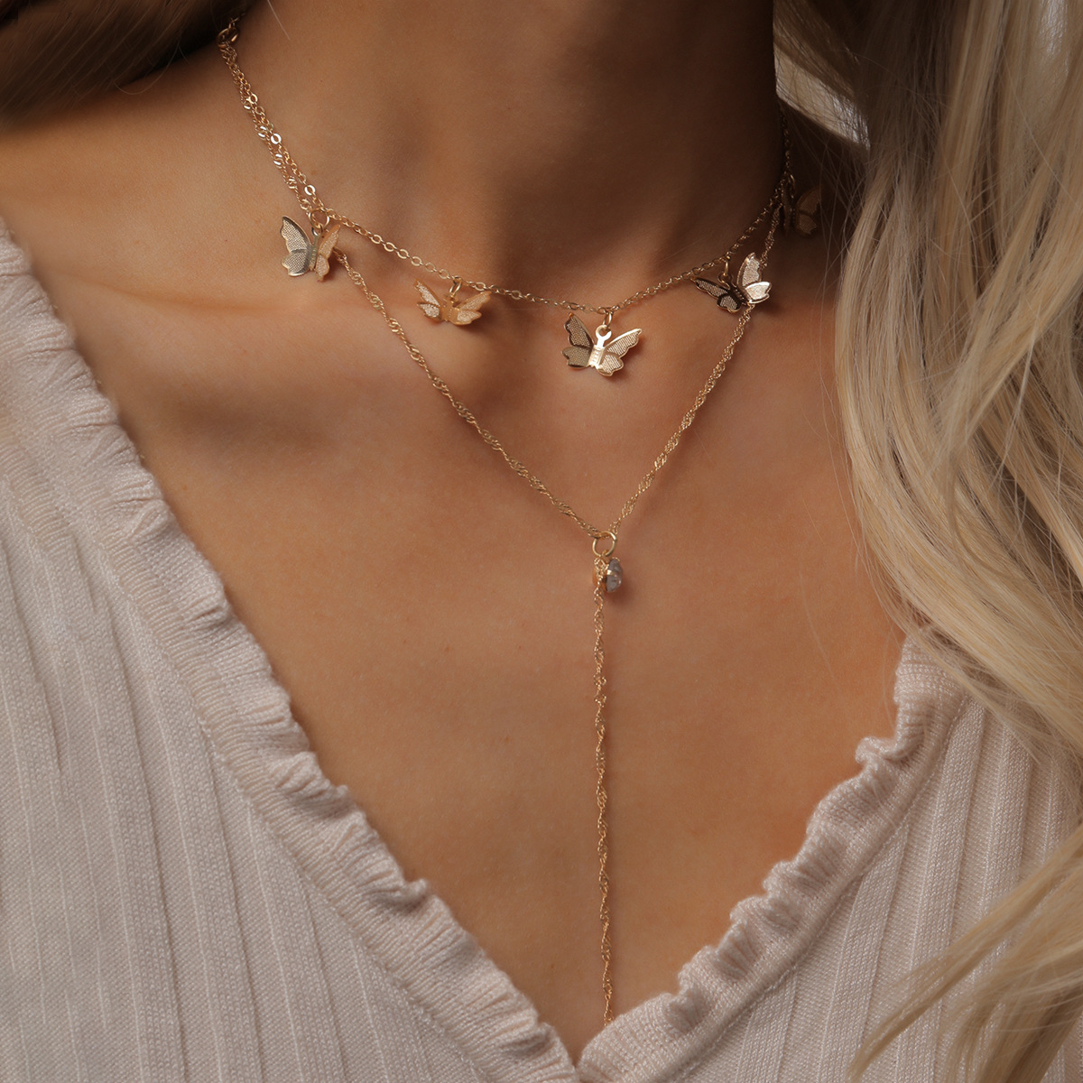 Butterfly Y-shaped Tassel Pendant Double Necklace