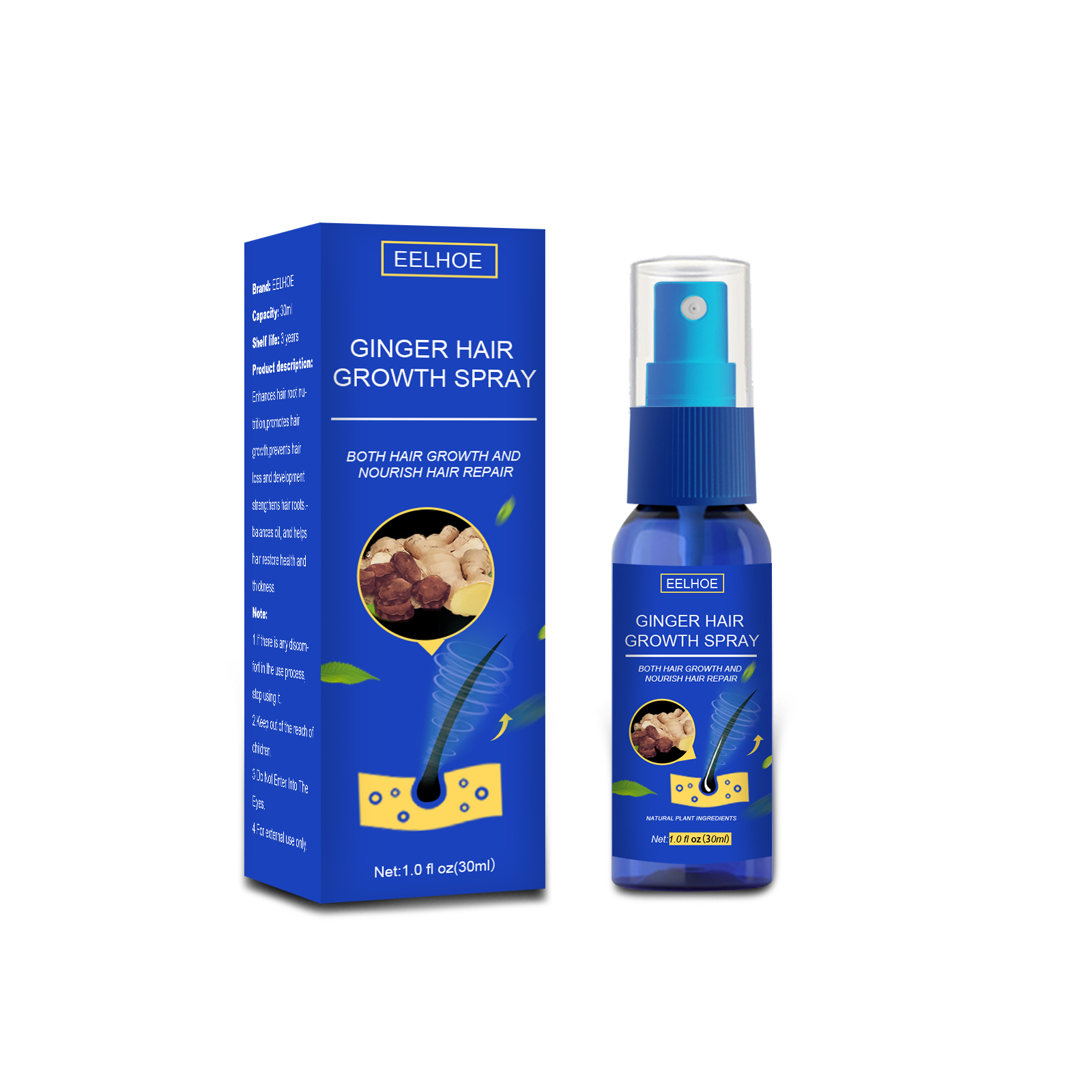 EELHOE Ginger Hair Thickening Spray, Scalp Massage Moisturizing Hair Care Nutrition Spray
