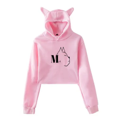 Printed Cat Ears Casual Crop Hood Sweatshirt Pink - Shop at LoveMi