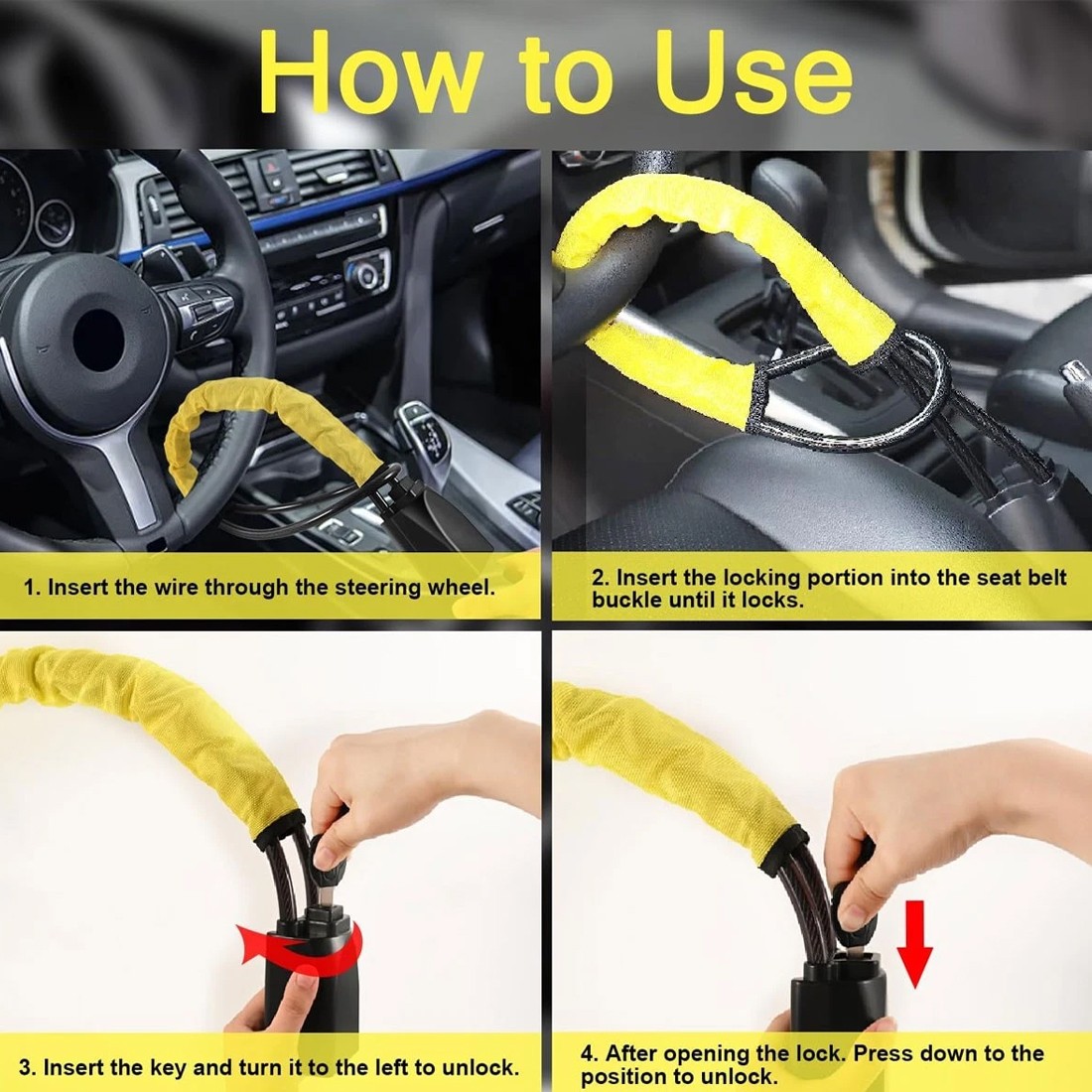 Steering Wheel Lock Anti-Theft Car Security Device Heavy Duty Seat Belt Lock