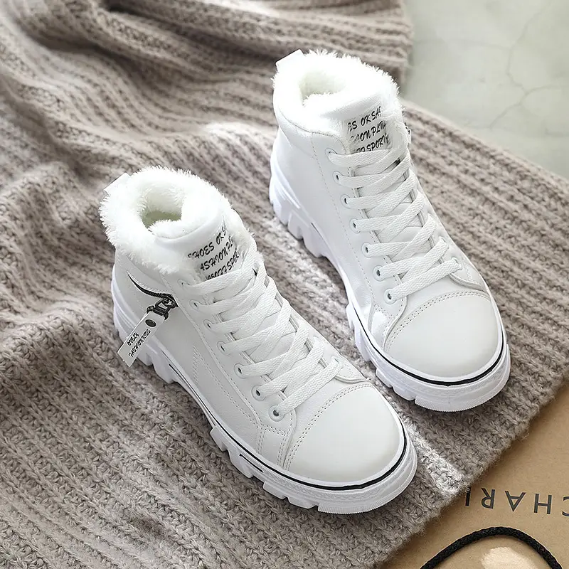 High-top Leather Martin Short Boots Plus Velvet White Cotton