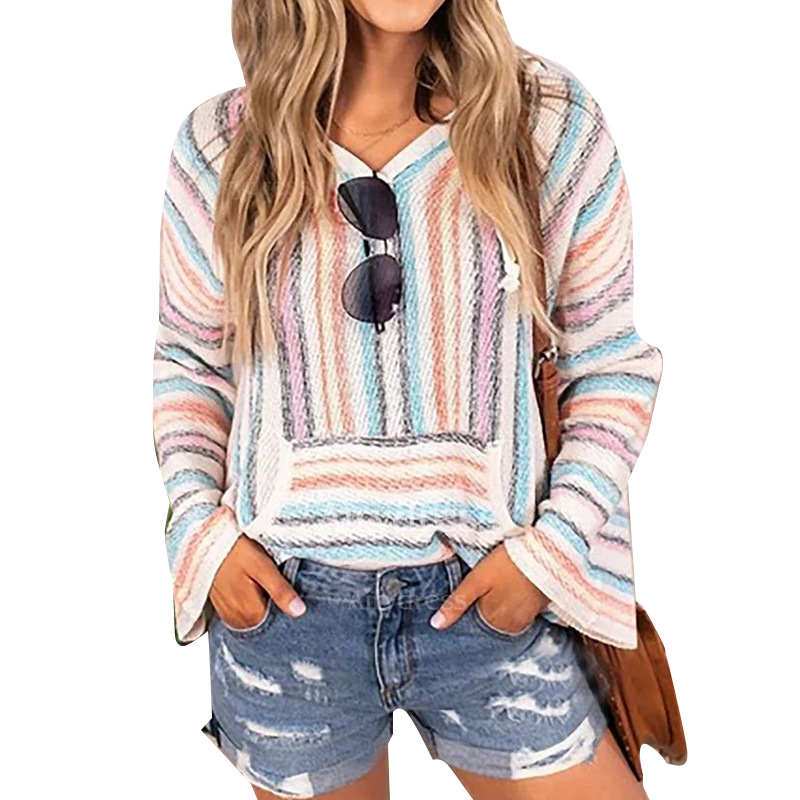 Hooded Rainbow Stripe Pullover Loose Sweatshirt