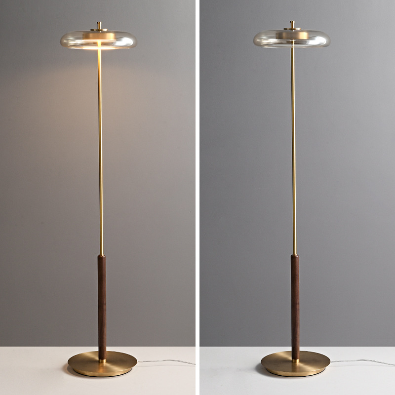 Nordic Elegance Brass and Walnut Floor Lamp with Glass Shade