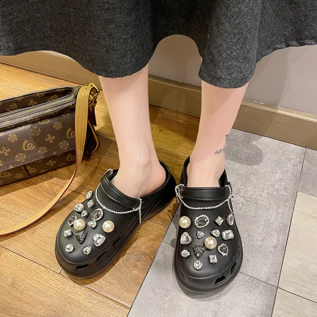 Heighten Hole Shoes Women's Pearl Rhinestone High Heel Outer Wear Black - Shop at LoveMi