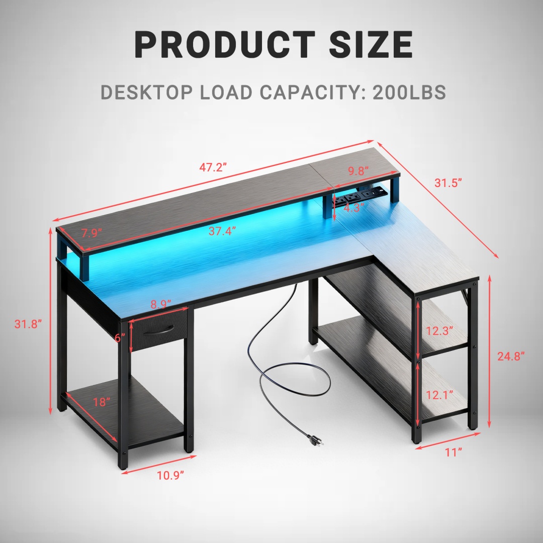 53-inch Gaming Table With USB Charging Port And LED Light, Reversible L-shaped Table With Power Socket And Monitor Stand image 16