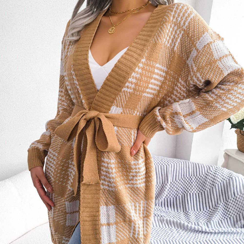 Plaid Straps Lantern Sleeves Casual Cardigan Sweater Jacket Khaki - Shop at LoveMi