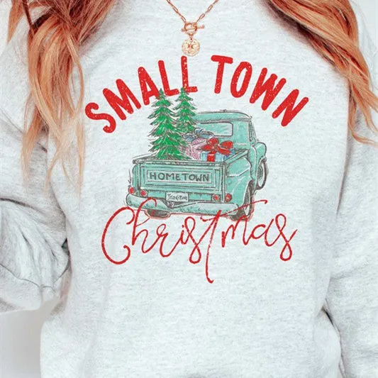 Small Town Christmas Truck Graphic Sweatshirt Grey - Shop at LoveMi