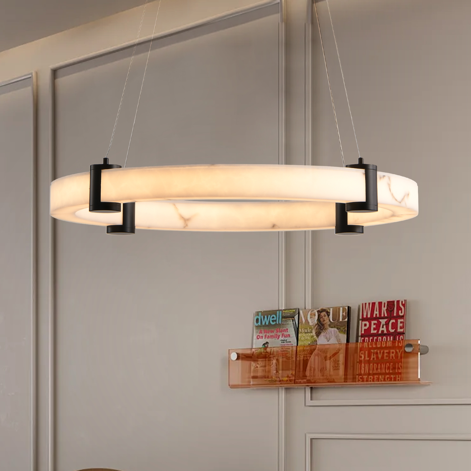 Modern LED Pendant Light, 24-Inch Round Hanging Chandelier With Adjustable Height, Marble Finish Resin Ring Ceiling Light For Dining Room, Kitchen Island, Living Room