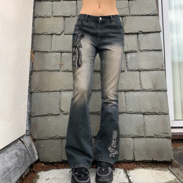 European And American Street Hipster Style Autumn New Women's Embroidered Pattern Retro Color With Diamond Slim Fit Slimming Jeans Grey - Shop at LoveMi
