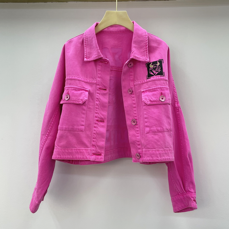 Printed Rose Red Denim Short Jacket Women Spring And Autumn