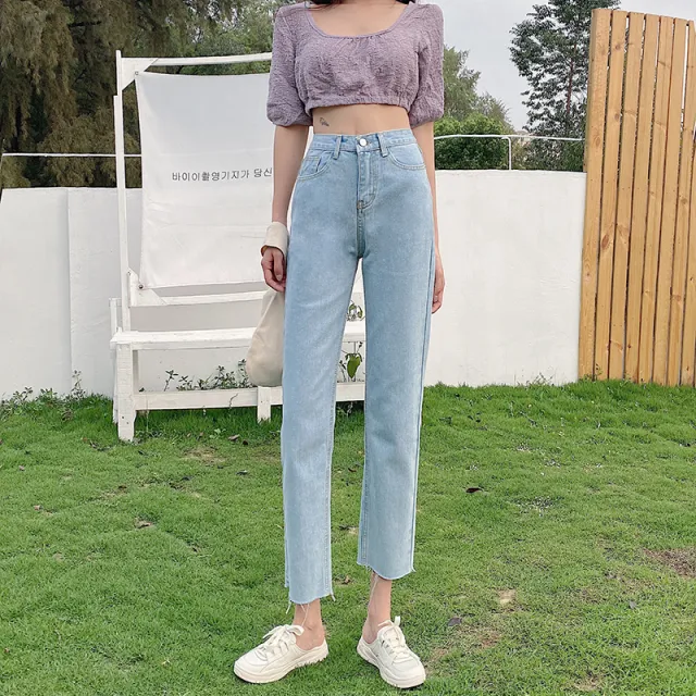 Women's New High Waist Slim Denim Straight Leg Pants Blue - Shop at LoveMi
