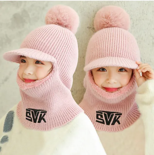 Children's neck guard one-piece woolen hat - Letter Pink