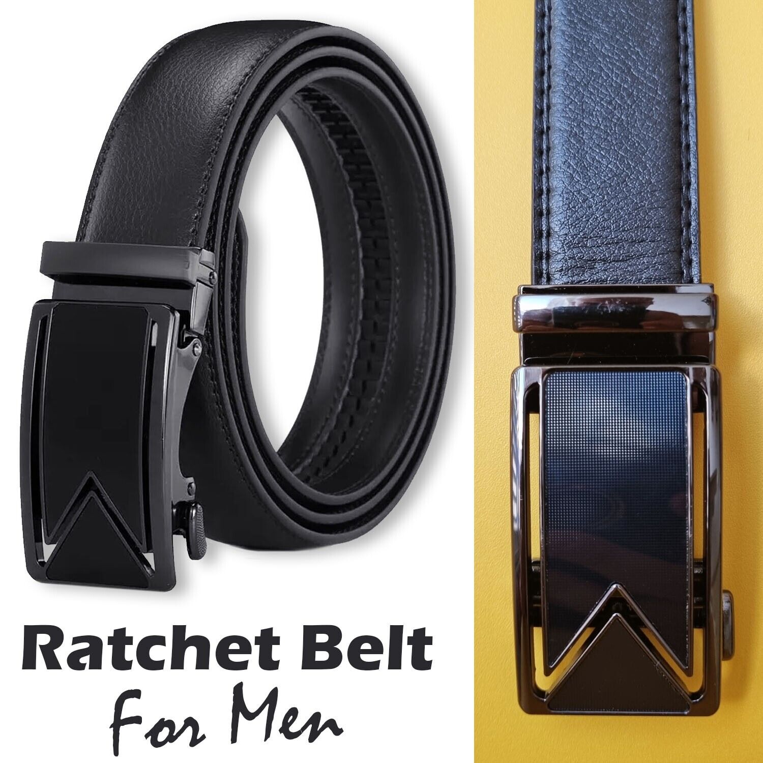 Slide Buckle Ratchet Belt - Genuine Leather - USA. We ship only inside the US, USPS First Class Package, 2 Day Handling, 2-5 Day Shipping. Microfiber PU Leather Ratchet Belt Belts For Men Adjustable Size with Automatic Slide Buckle No Holes by SHAVIT. Rat