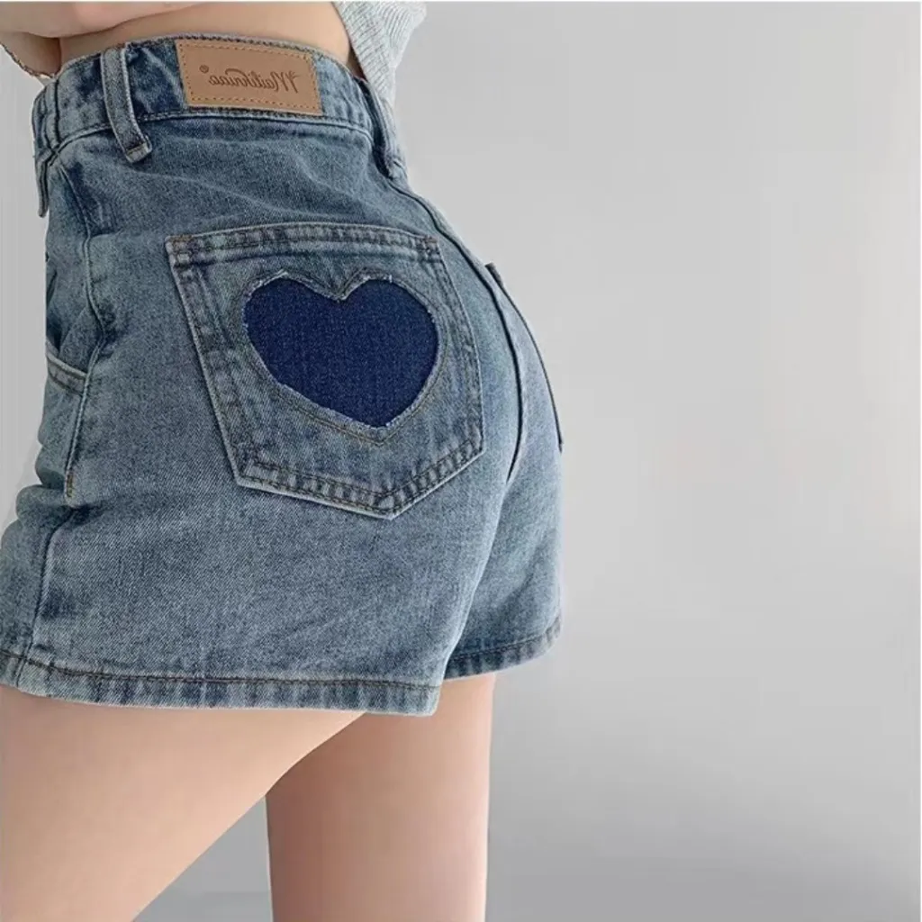 Retro Ins Street Love A-line Denim Shorts For Women - Blue