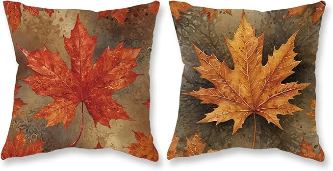 2-Piece Fall Throw Pillow Covers, 18x18 Inch Maple Leaf Decorative Cushion Covers For Autumn Home Decor