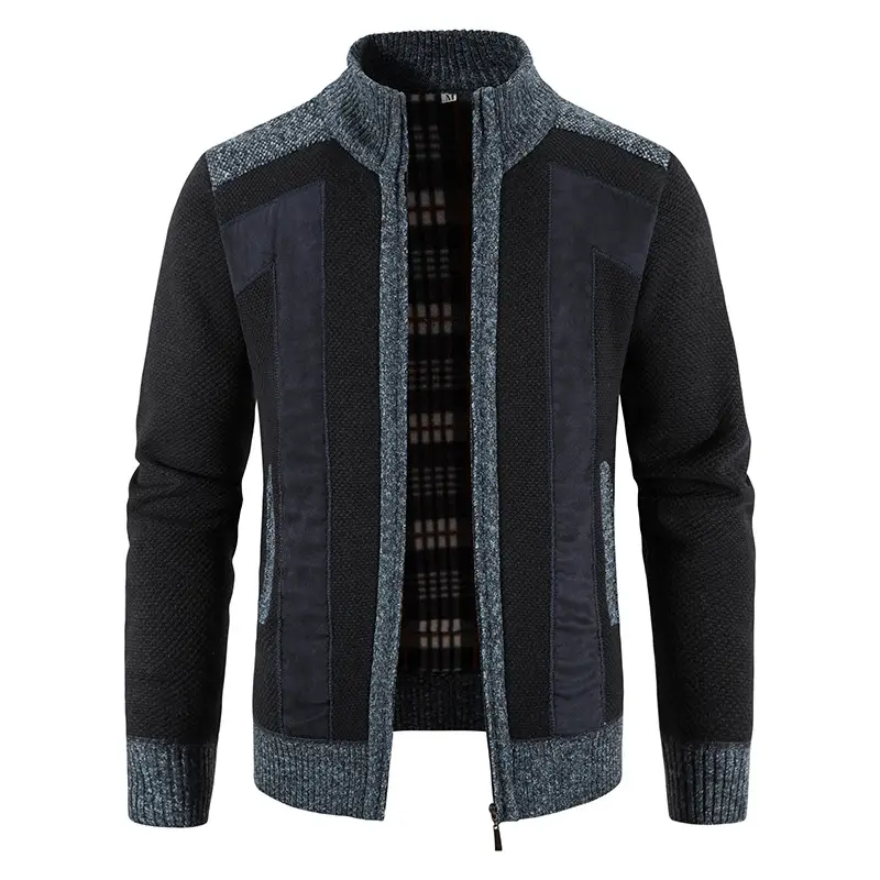 Men's Stand Collar Splicing Plush Sweater Large Casual