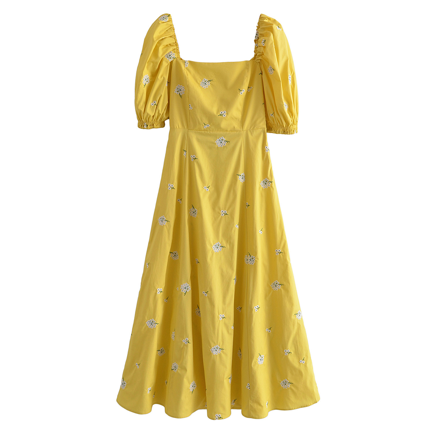 Square Neck Back Bow Floral Embroidered Dress