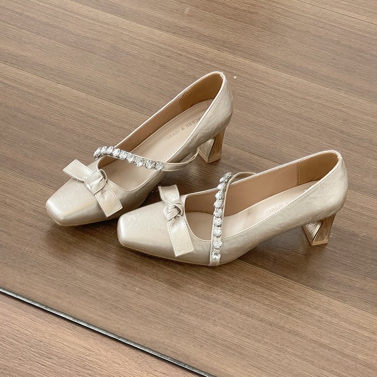 French Style Coarse Follow-up Shoes For Women's Spring New Style Temperament, Rhinestone Ribbon With Skirt, Gentle And Versatile High Heels