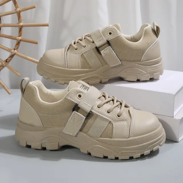 Lace up Canvas Shoes With Hook Design Fashion Breathable Thick soled Round toe Casual Shoes For Women Sneakers Cream - Shop at LoveMi