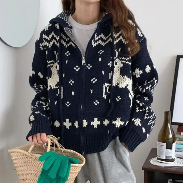 Hooded Knitted Thickened Sweater Coat Women Navy Blue - Shop at LoveMi