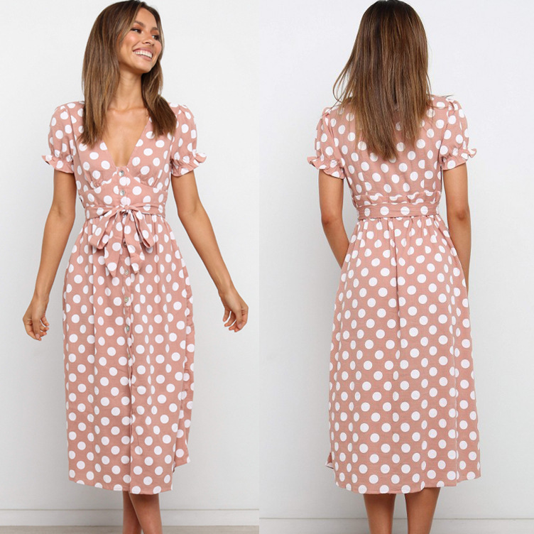 Single-breasted Polka-dot Dress With Waistband