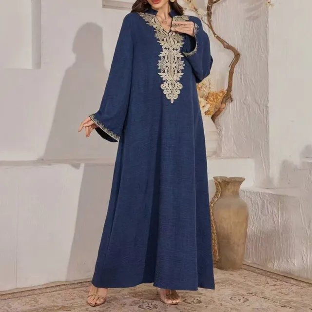 Women's Bohemian Embroidered Maxi Dress V Neck Long Sleeve Flowy Kaftan With Ethnic Embroidery, Loose Fit Vintage Dress Blue - Shop at LoveMi