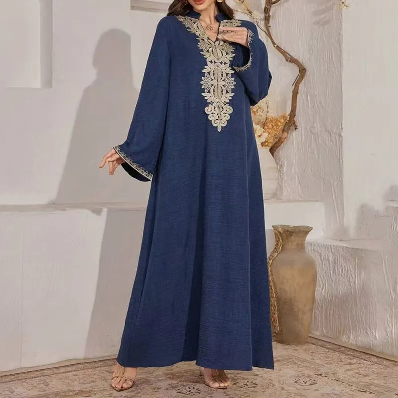 Women's Bohemian Embroidered Maxi Dress - V-Neck Long Sleeve Flowy Kaftan With Ethnic Embroidery, Loose Fit Vintage Dress - Blue