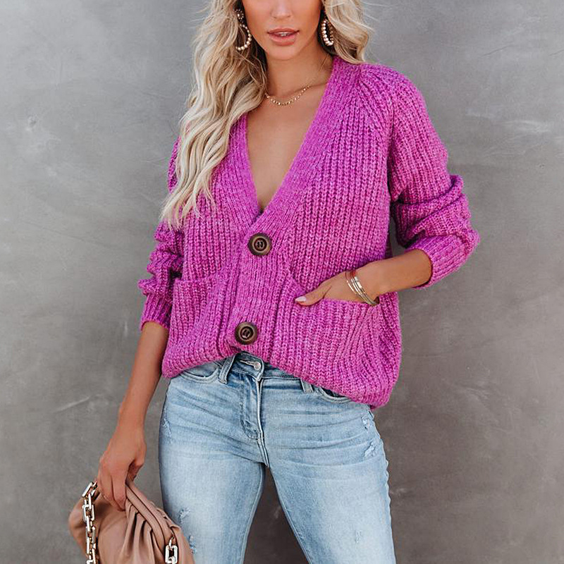 Solid Color V-Neck Cardigan Single-Breasted Long-Sleeved Sweater Coat