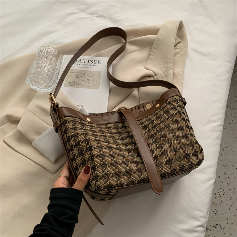 Retro Bag Female Fashion Houndstooth One shoulder Brown - Shop at LoveMi