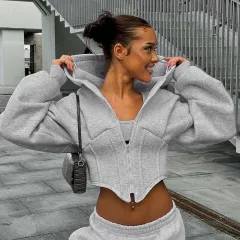 Zipper Hoodie Cardigan Y2K Ins Fashion Street Long Sleeve Corset Jacket Women Clothing - Grey - View 1