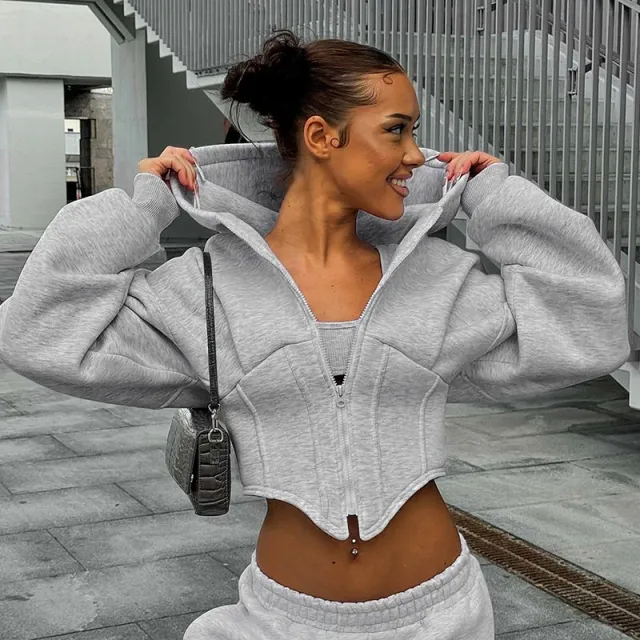 Zipper Hoodie Cardigan Y2K Ins Fashion Street Long Sleeve Corset Jacket Women Clothing Grey - Shop at LoveMi