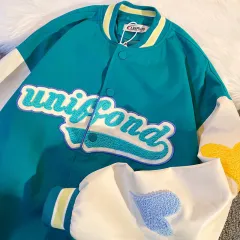 Loose Long Sleeve Top Embroidered Couple Baseball Jacket - Green - View 1