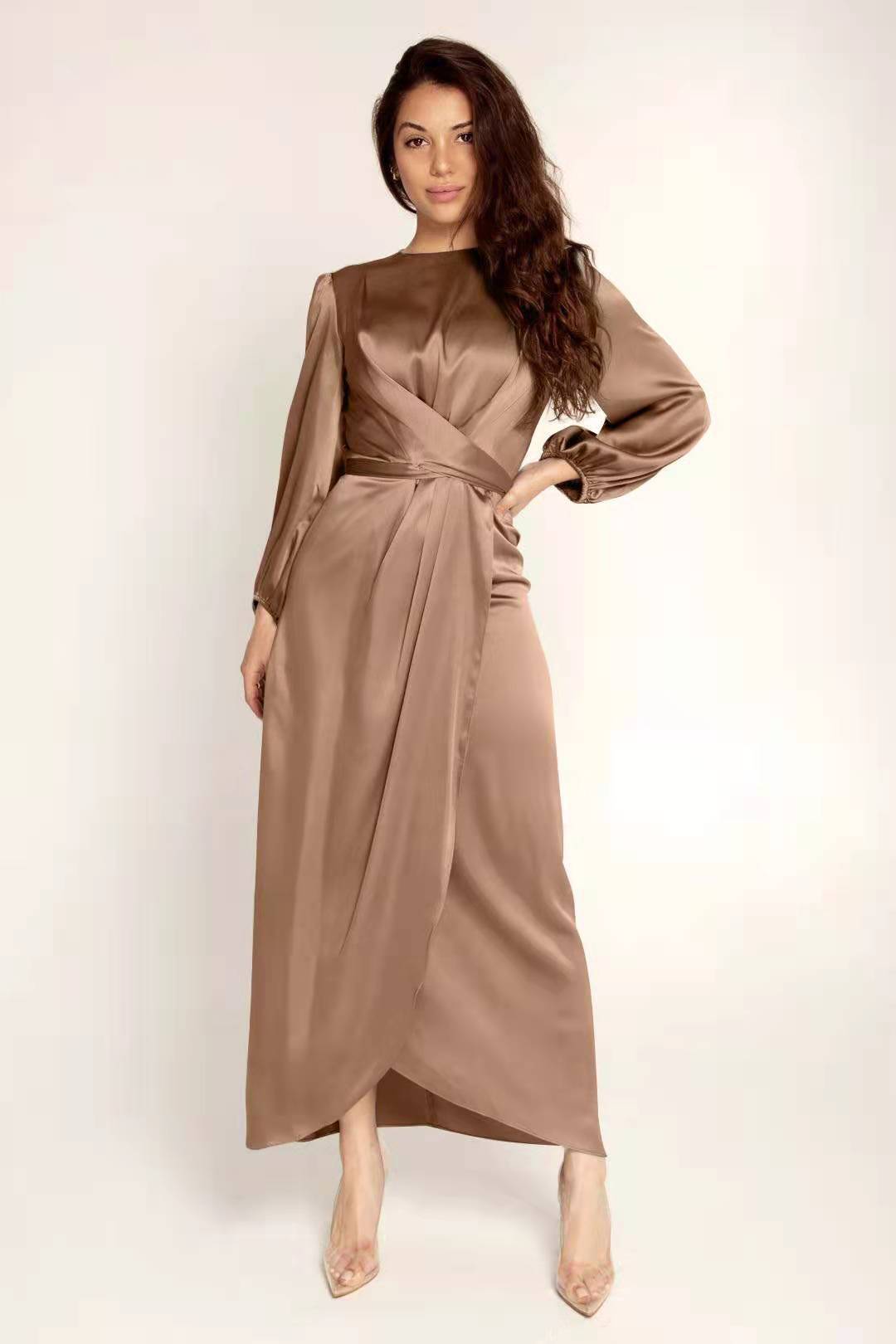 Grey Waist Long Skirt With One-way Collar And Mid-waist Pullover