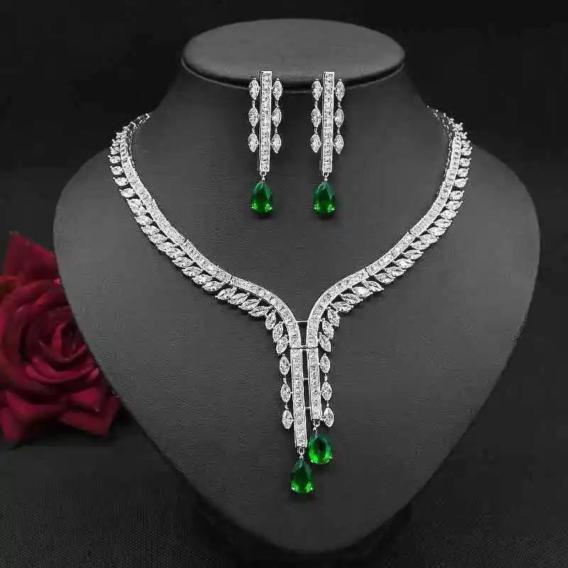 Water Drop Zircon Necklace Jewelry Set Flower Earrings Two-Piece