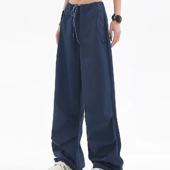 Design Sense High Waist Straight Leg Wide Leg Casual Pants - Navy
