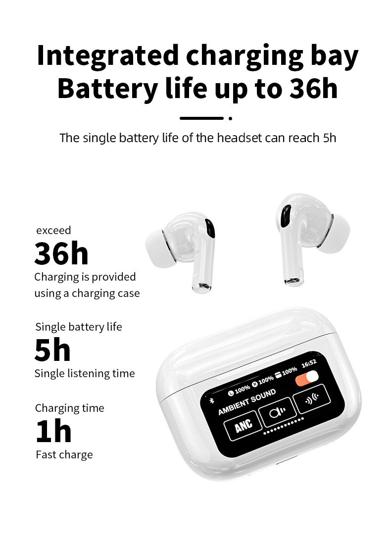 Wireless earbuds Bluetooth 5.3 with active noise cancellation and charging case.