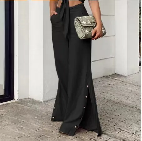 Spring Fashion High Waist Cotton Linen Wide Leg Pants - Black