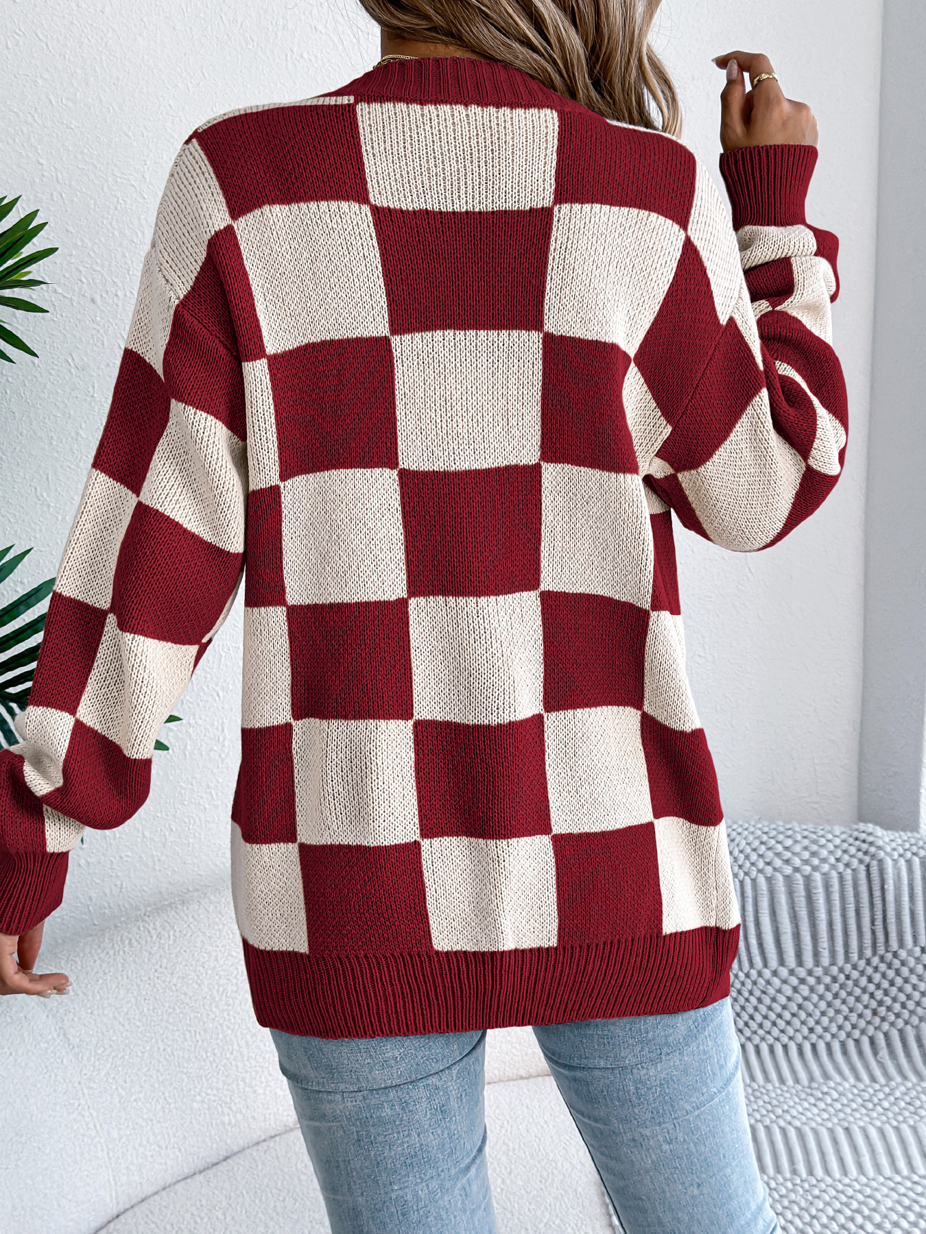 Color Block Plaid Lantern Sleeve Cardigan Sweater Mid-Length Coat - Image 2