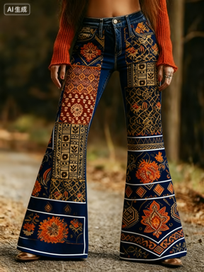 Fashion Retro Printed Flared Pants, Women's Jeans