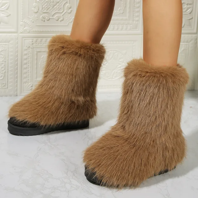 Fashion Long Plush Snow Boots Winter Warm Mid tube Furry Cotton Shoes For Women Short Boot Khaki - Shop at LoveMi