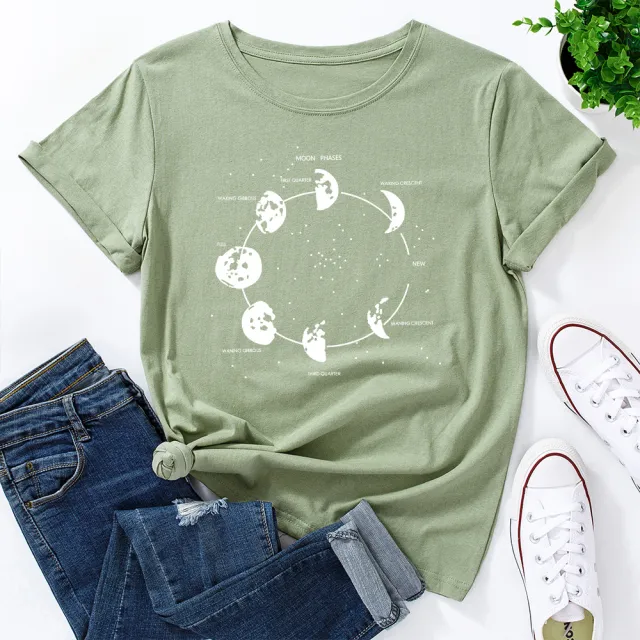 Cosmic Secret Print Loose Round Neck Short Sleeve T Shirt Women Olive Green - Shop at LoveMi